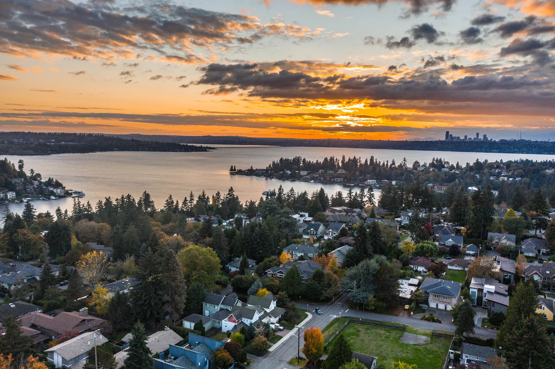Aerial view of a Puget Sound residential neighborhood at sunset